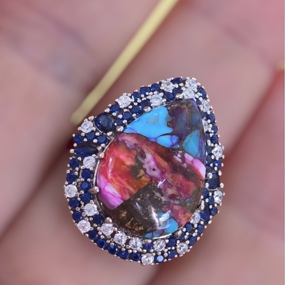 925 Sterling Silver Ring Sz 7.5 with Mohave Oyster Turquoise & Nano Crystals - Picture 9 of 12